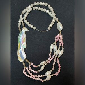 Vintage Lee Sands 70’s Peacock Shell beads Rose Quartz MOP Inlay Necklace